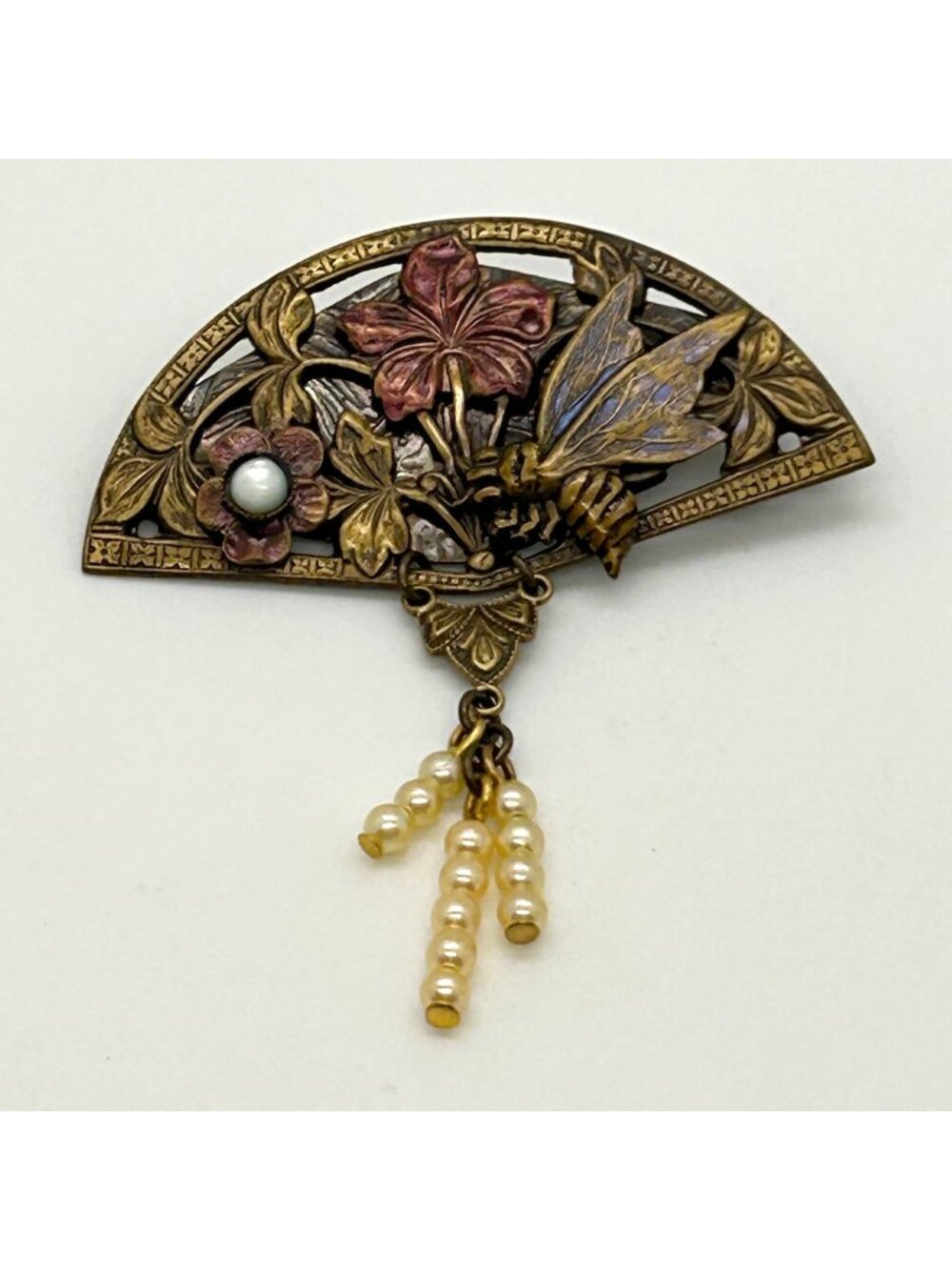 Vintage Art Nouveau Revival Brass Fan Brooch Enamel Bee Faux Pearl Dangles - Picture 1 of 13